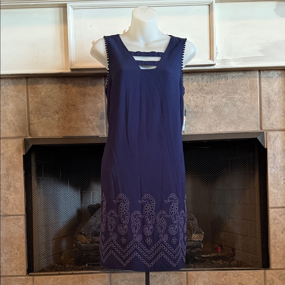 Crown & Ivy Navy Blue Summer Sun Dress Embroidered EyeletTropicala Seahorse
